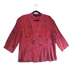 XL Tianello Button Down Blouse Tencel Rayon Blend Floral Red Pink 3/4 Sleeve Top